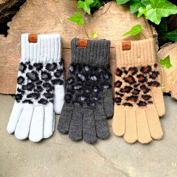 Leopard Plush Knit Gloves 3-Pk