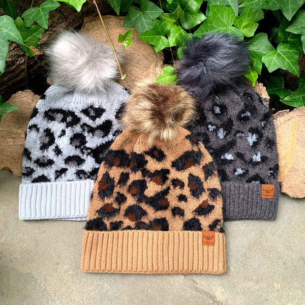 Leopard Plush Knit Hats 3-Pk